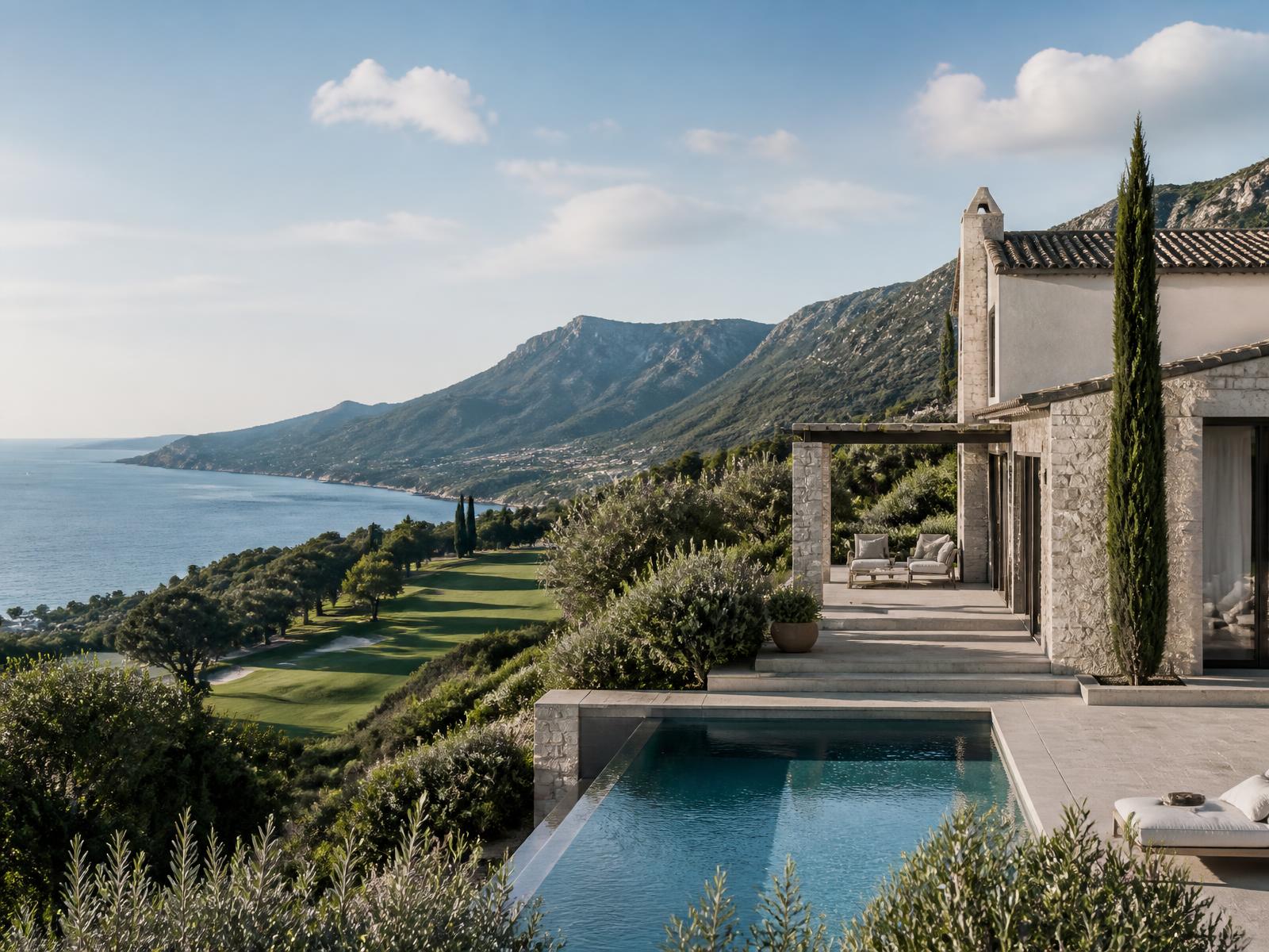 Coastal villa with private pool overlooking the sea and a golf course