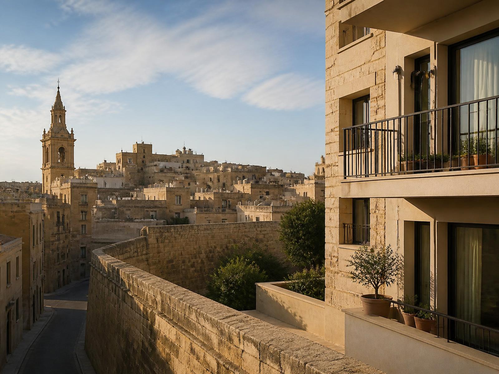 Famagusta old town walls and sandstone buildings with an apartment terrace
